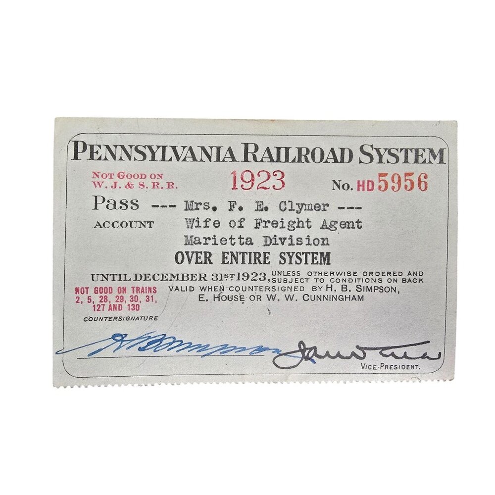 Vintage 1923 Pennsylvania Railroad System Pass No. HD5956 For Mrs. F.E. Clymer W